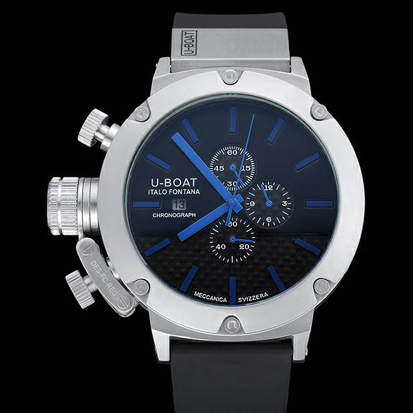 U Boat Italo Fontana Black Carbon Dial Blue Hour Marks Stainless Steel Case Rubber Bracelet new60634