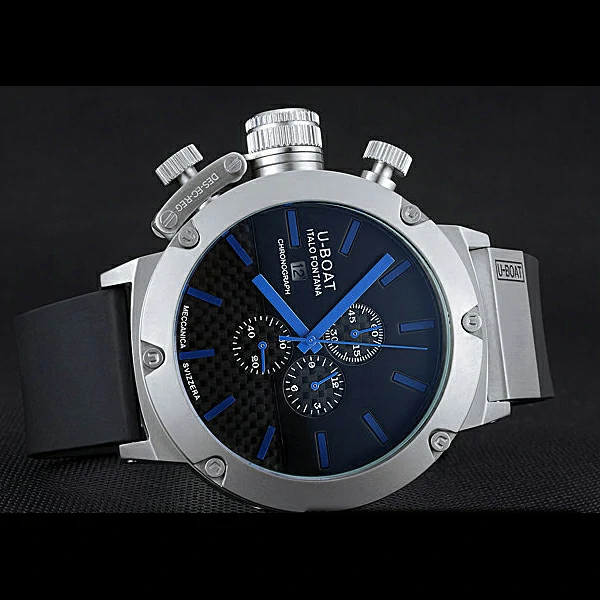 U Boat Italo Fontana Black Carbon Dial Blue Hour Marks Stainless Steel Case Rubber Bracelet new60634