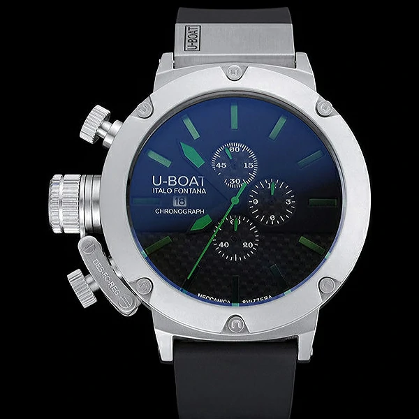 U Boat Italo Fontana Black Carbon Dial Green Hour Marks Stainless Steel Case Rubber Bracelet new60635