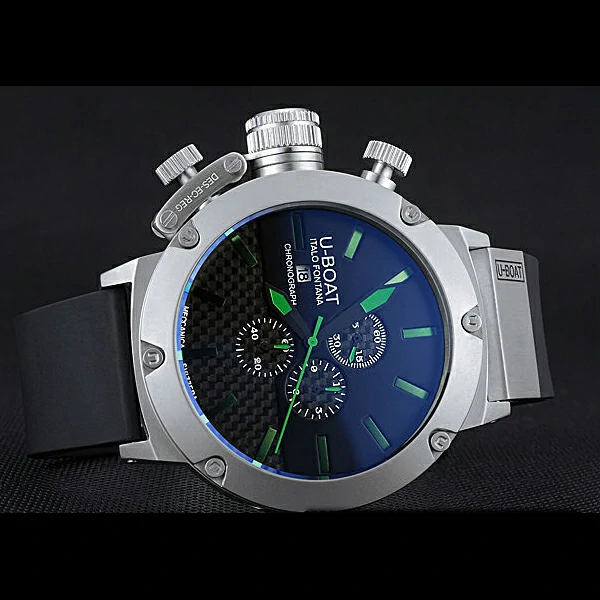 U Boat Italo Fontana Black Carbon Dial Green Hour Marks Stainless Steel Case Rubber Bracelet new60635