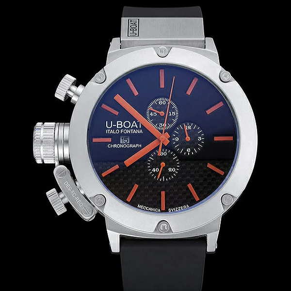 U Boat Italo Fontana Black Carbon Dial Orange Hour Marks Stainless Steel Case Rubber Bracelet new60636