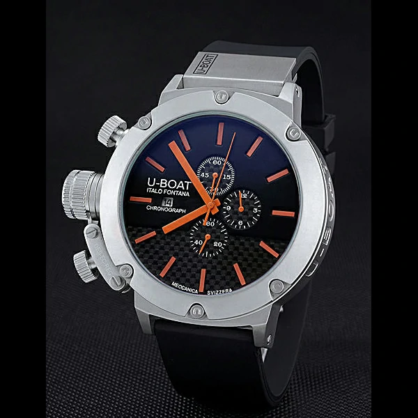 U Boat Italo Fontana Black Carbon Dial Orange Hour Marks Stainless Steel Case Rubber Bracelet new60636