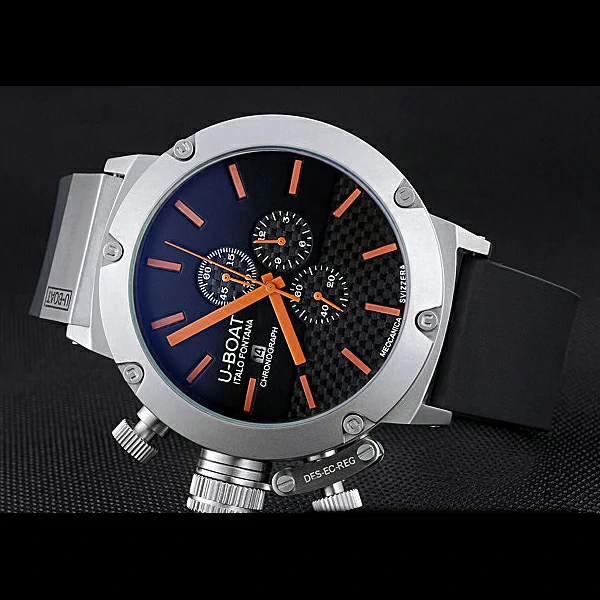 U Boat Italo Fontana Black Carbon Dial Orange Hour Marks Stainless Steel Case Rubber Bracelet new60636