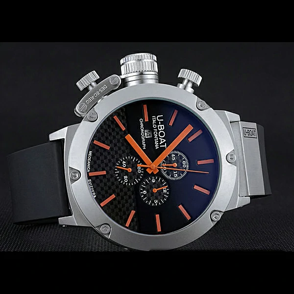U Boat Italo Fontana Black Carbon Dial Orange Hour Marks Stainless Steel Case Rubber Bracelet new60636