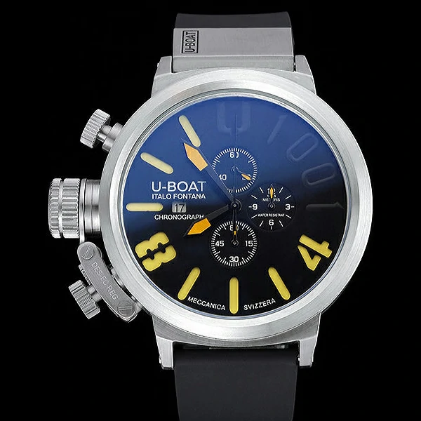 U Boat 1001 Yellow On Black Dial Stainless Steel Case Rubber Bracelet new60637