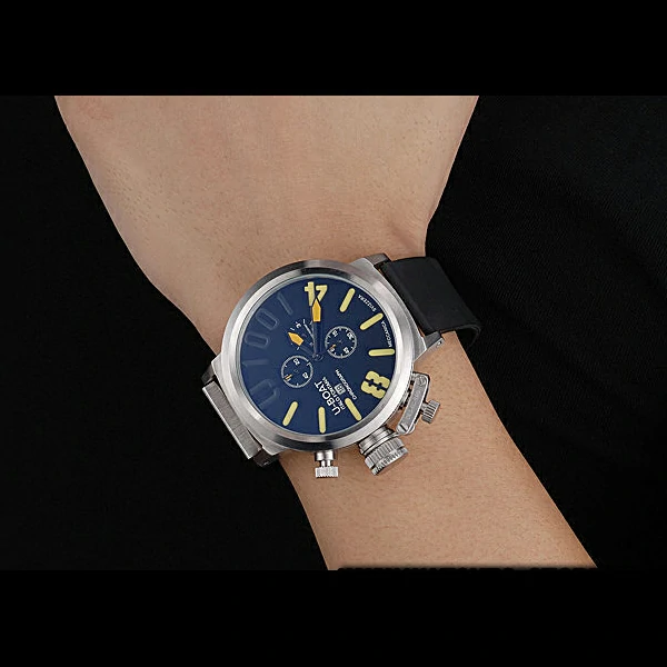 U Boat 1001 Yellow On Black Dial Stainless Steel Case Rubber Bracelet new60637