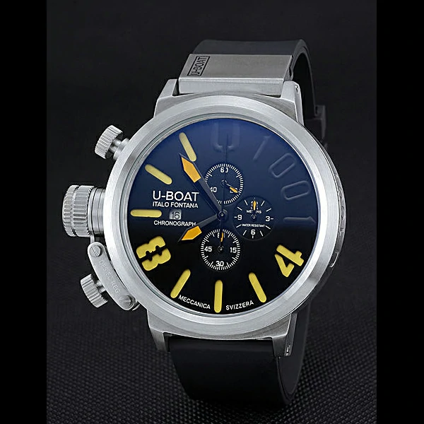U Boat 1001 Yellow On Black Dial Stainless Steel Case Rubber Bracelet new60637