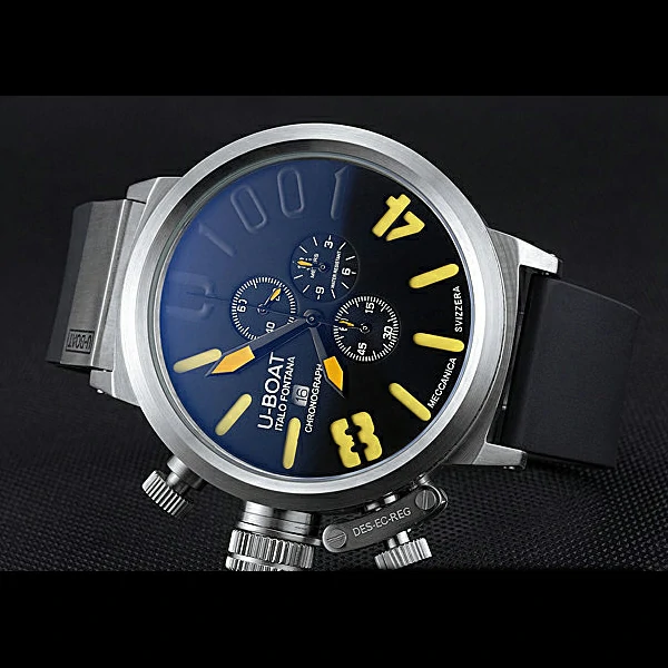 U Boat 1001 Yellow On Black Dial Stainless Steel Case Rubber Bracelet new60637