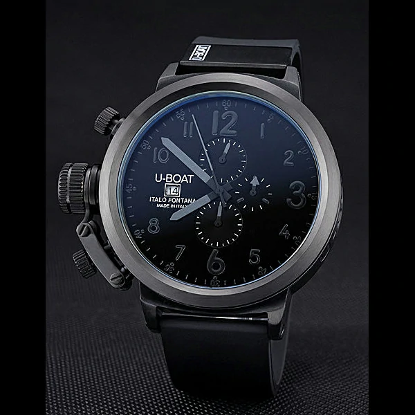 U Boat Flightdeck Black Dial Black Steel Case Black Rubber Bracelet new60639