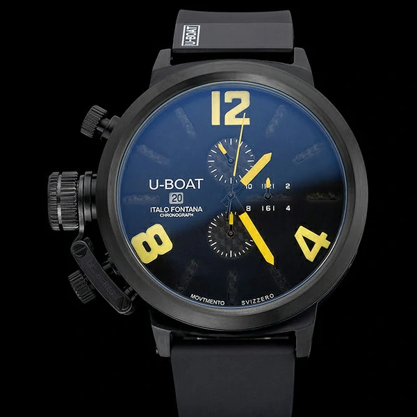 U Boat Classico Yellow On Black Dial Black Steel Case Rubber Bracelet new60640