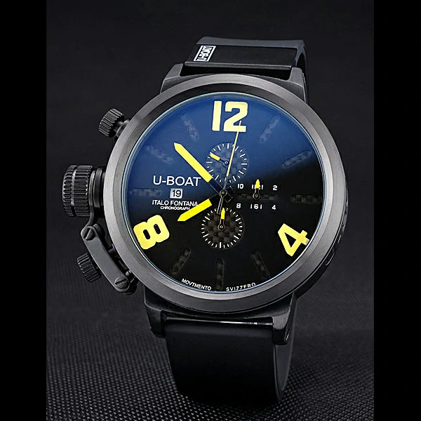 U Boat Classico Yellow On Black Dial Black Steel Case Rubber Bracelet new60640