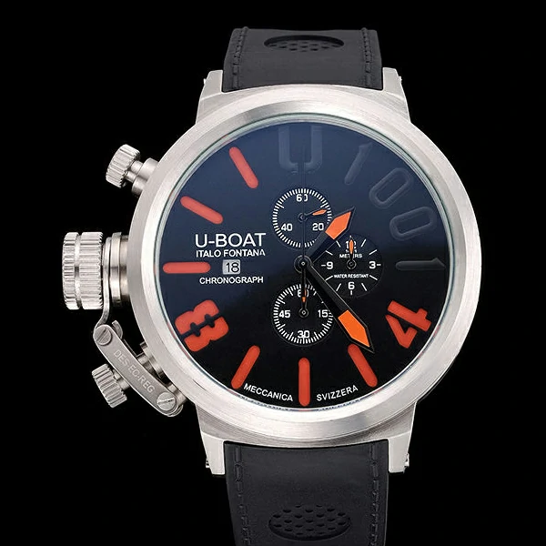 U Boat 1001 Orange On Black Dial Stainless Steel Case Rubber Bracelet new60642