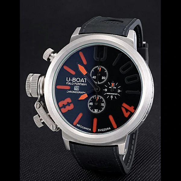 U Boat 1001 Orange On Black Dial Stainless Steel Case Rubber Bracelet new60642