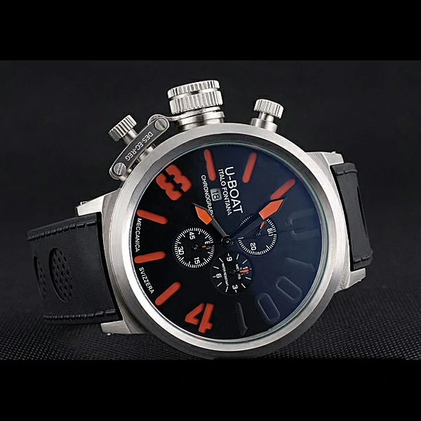 U Boat 1001 Orange On Black Dial Stainless Steel Case Rubber Bracelet new60642