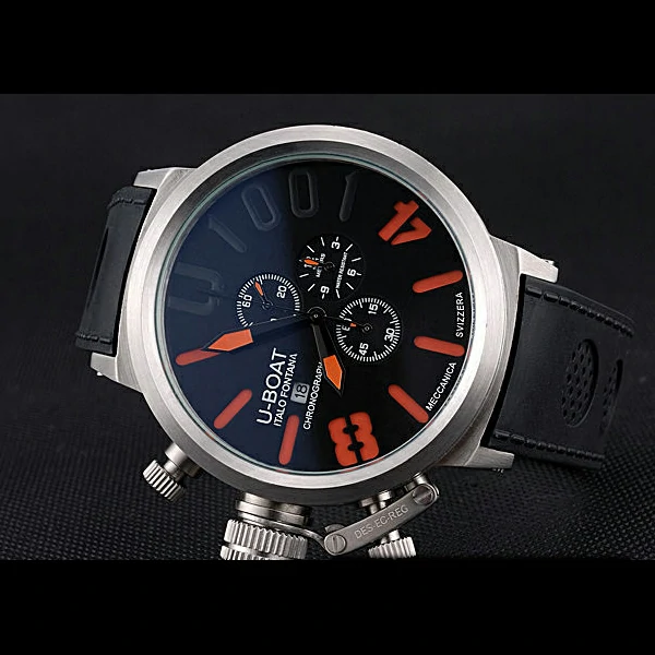 U Boat 1001 Orange On Black Dial Stainless Steel Case Rubber Bracelet new60642