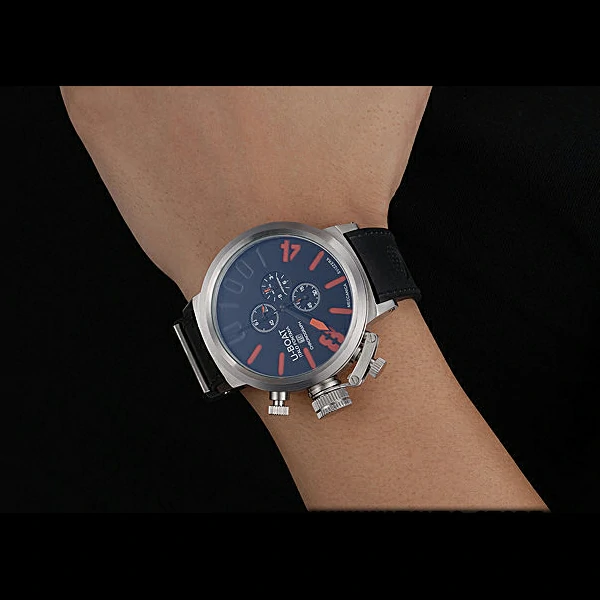 U Boat 1001 Orange On Black Dial Stainless Steel Case Rubber Bracelet new60642