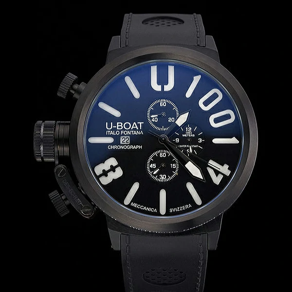 U Boat 1001 White On Black Dial Black Steel Case Black Leather Bracelet new60643