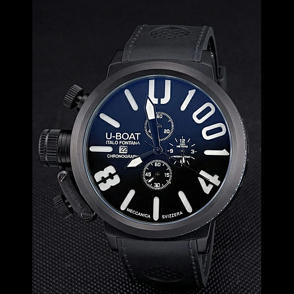 U Boat 1001 White On Black Dial Black Steel Case Black Leather Bracelet new60643