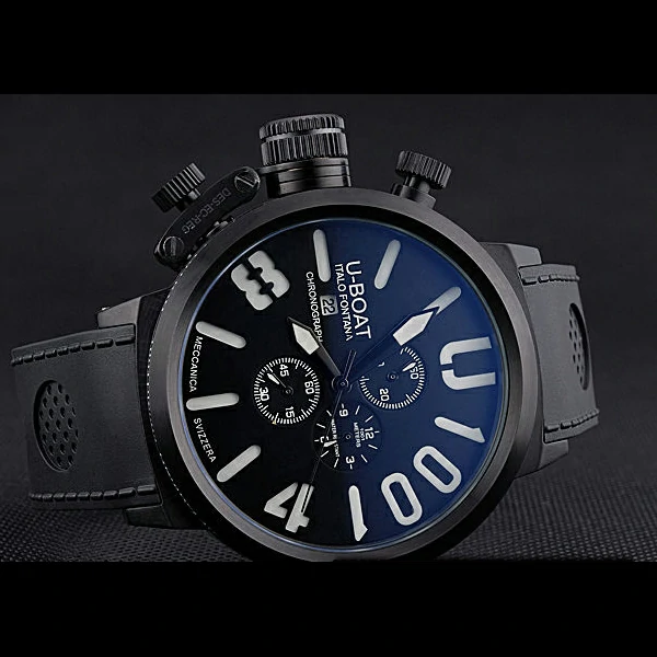U Boat 1001 White On Black Dial Black Steel Case Black Leather Bracelet new60643