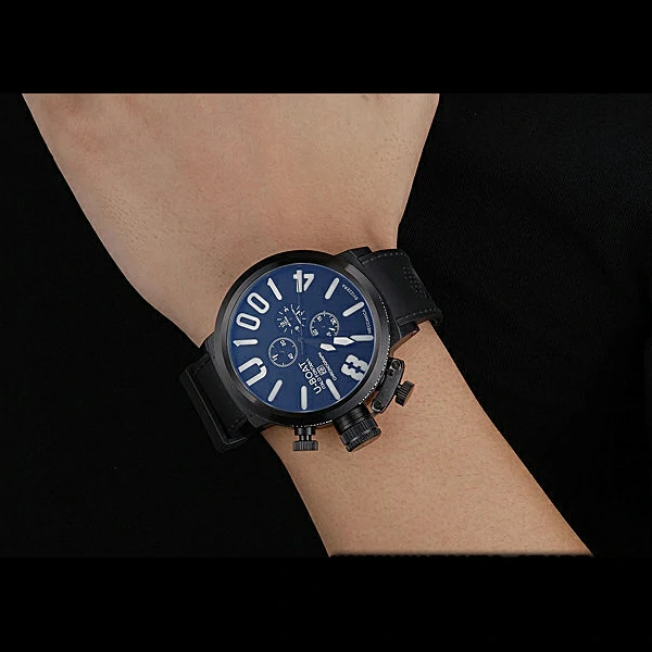 U Boat 1001 White On Black Dial Black Steel Case Black Leather Bracelet new60643