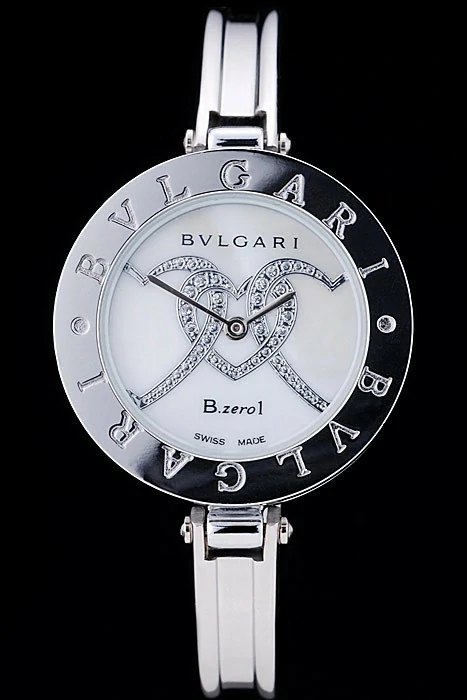 Bvlgari B.ZERO1 30mm White Diamond Heart Dial Steel Case Black Bezel Steel Bracelet new73132