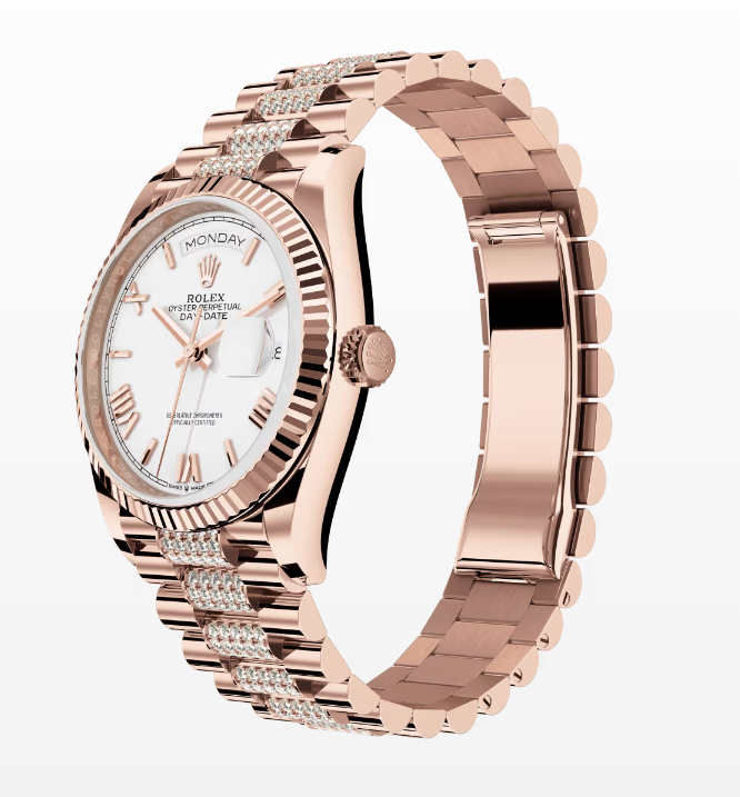 Replica Rolex Day-Date White Dial Fluted Bezel 36MM Rose Gold Watch