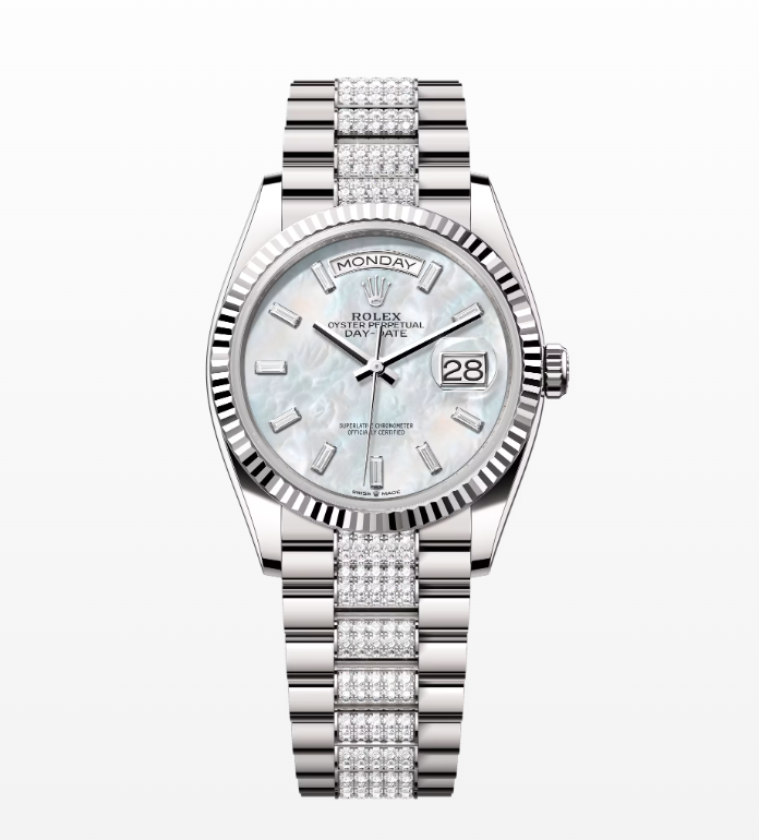 Replica Rolex Day-Date White MOP Dial Fluted Bezel Diamond Bracelet 36MM Watch