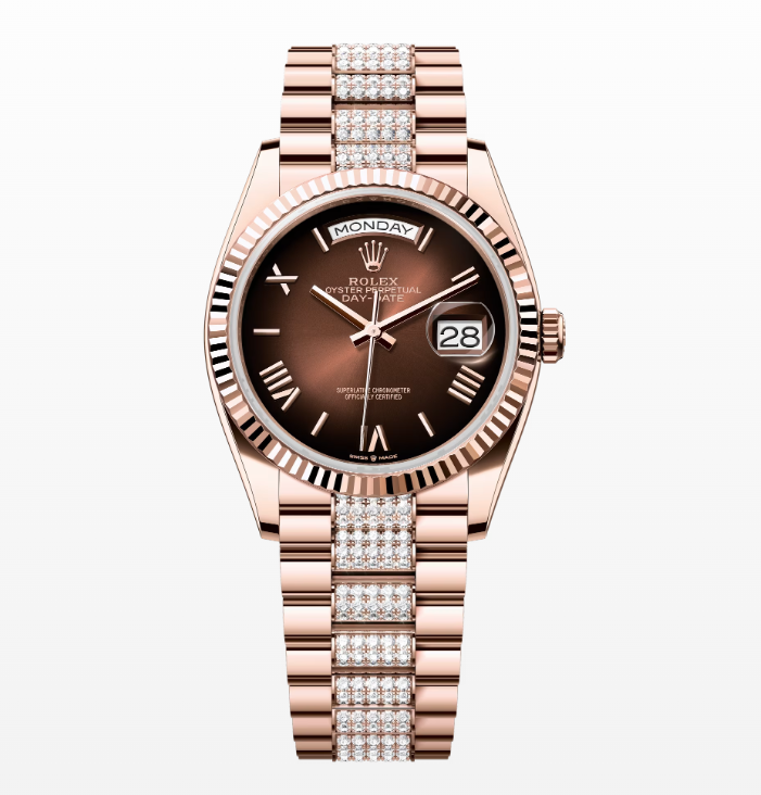 Replica Rolex Day-Date Brown Ombré Dial Fluted Bezel 36MM Rose Gold Watch