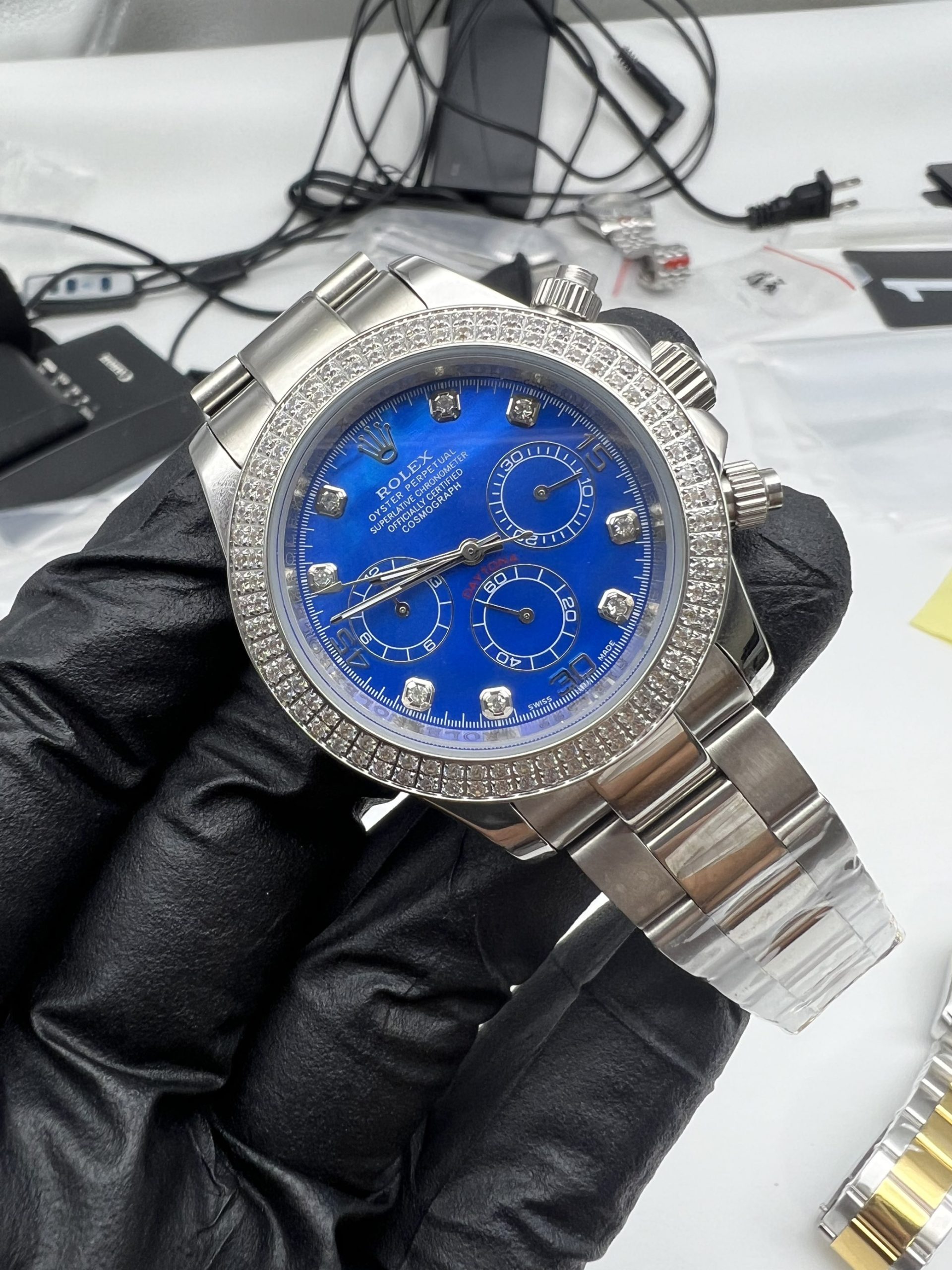 Replica Rolex Daytona Diamond Bezel Blue Dial Watch New25036