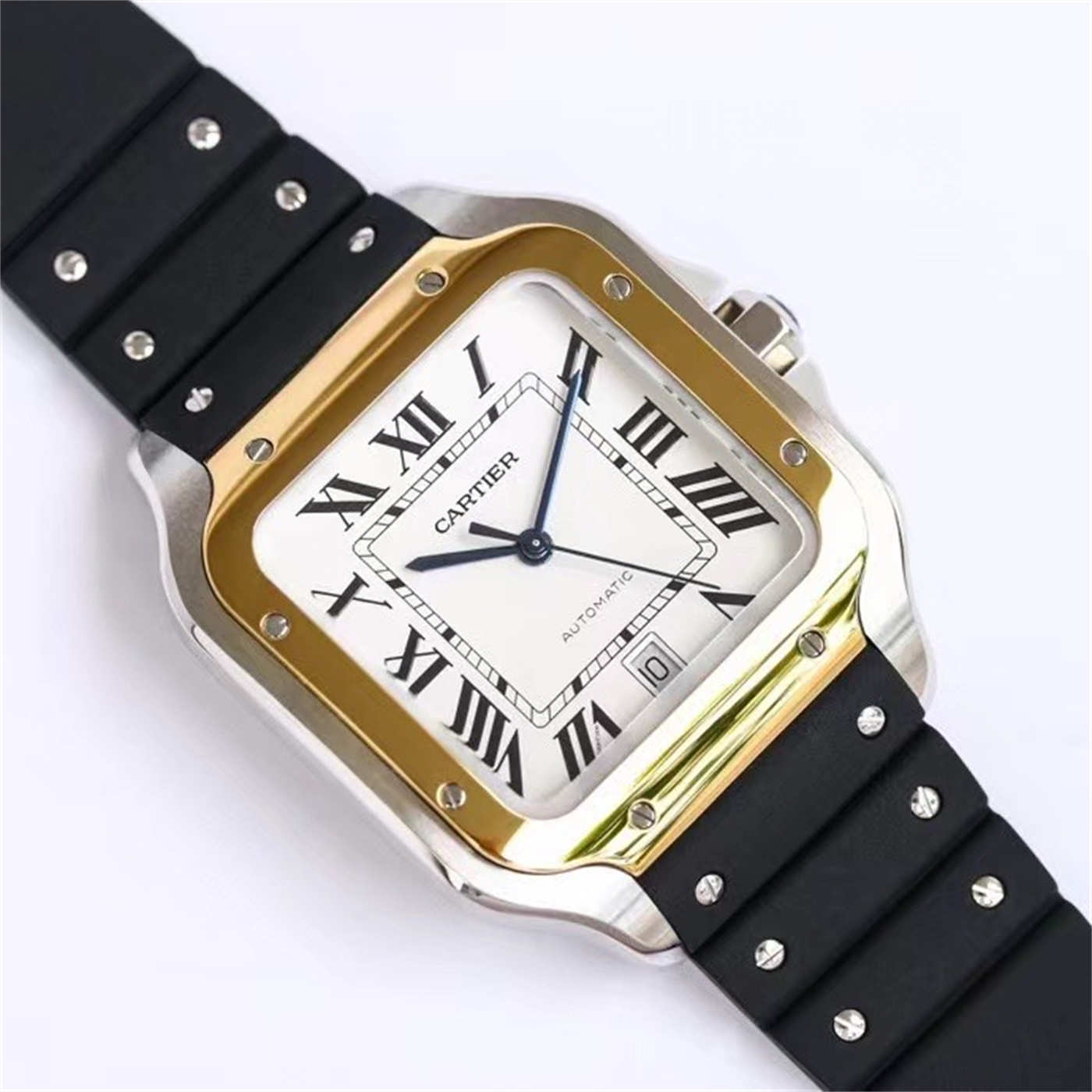 Cartier Santos Two Tone Rubber Strap Replica (Gold Bezel) – GF Factory