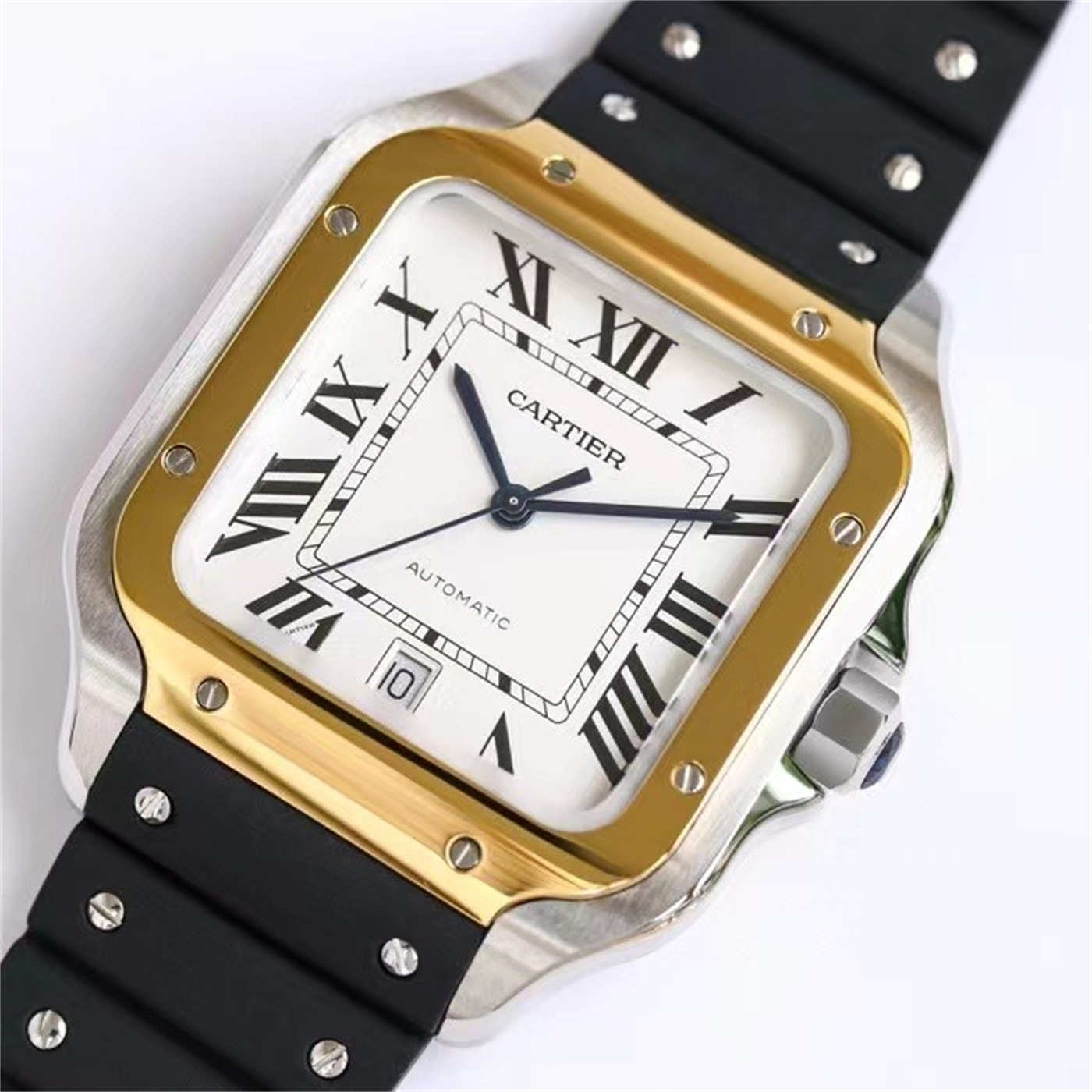 Cartier Santos Two Tone Rubber Strap Replica (Gold Bezel) – GF Factory
