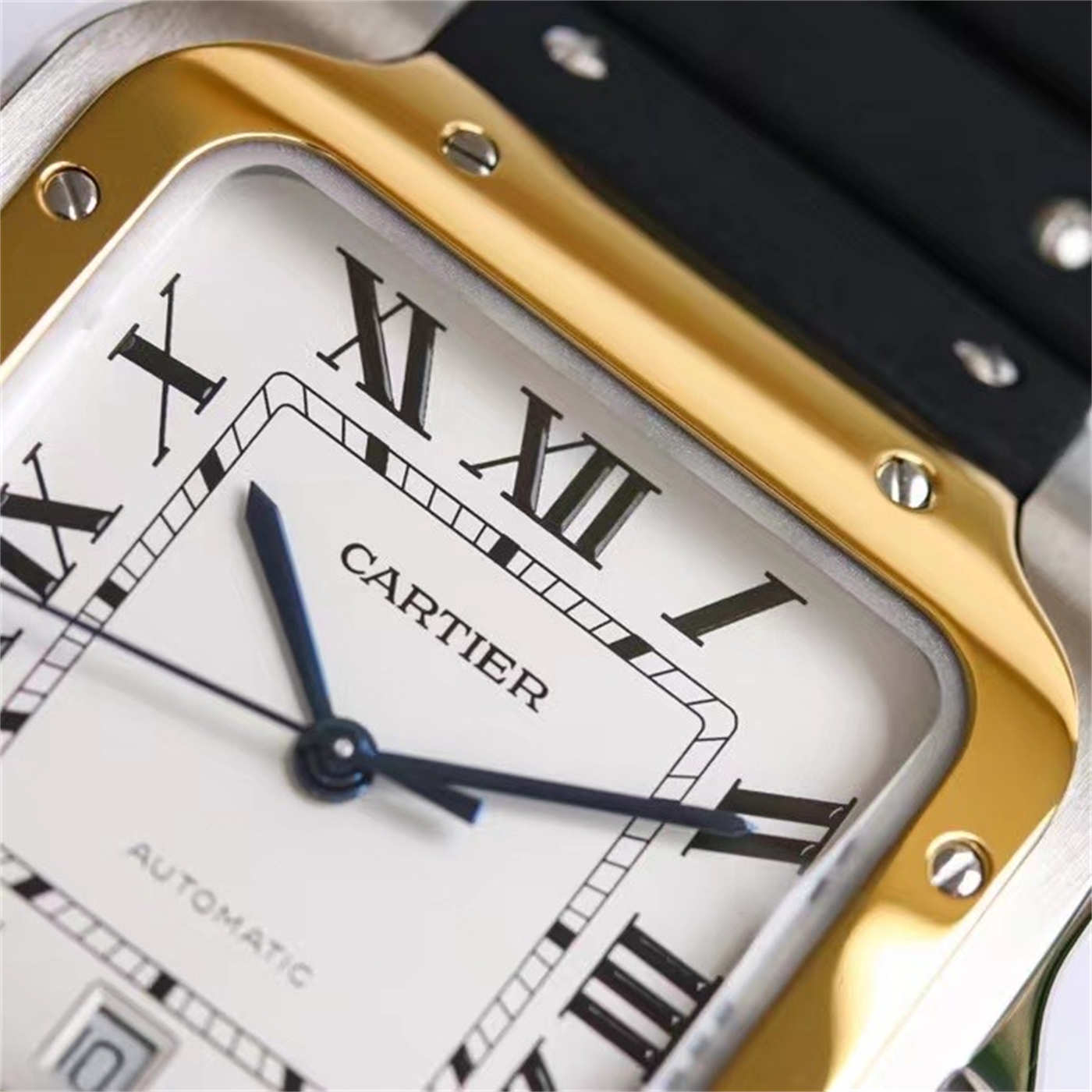 Cartier Santos Two Tone Rubber Strap Replica (Gold Bezel) – GF Factory