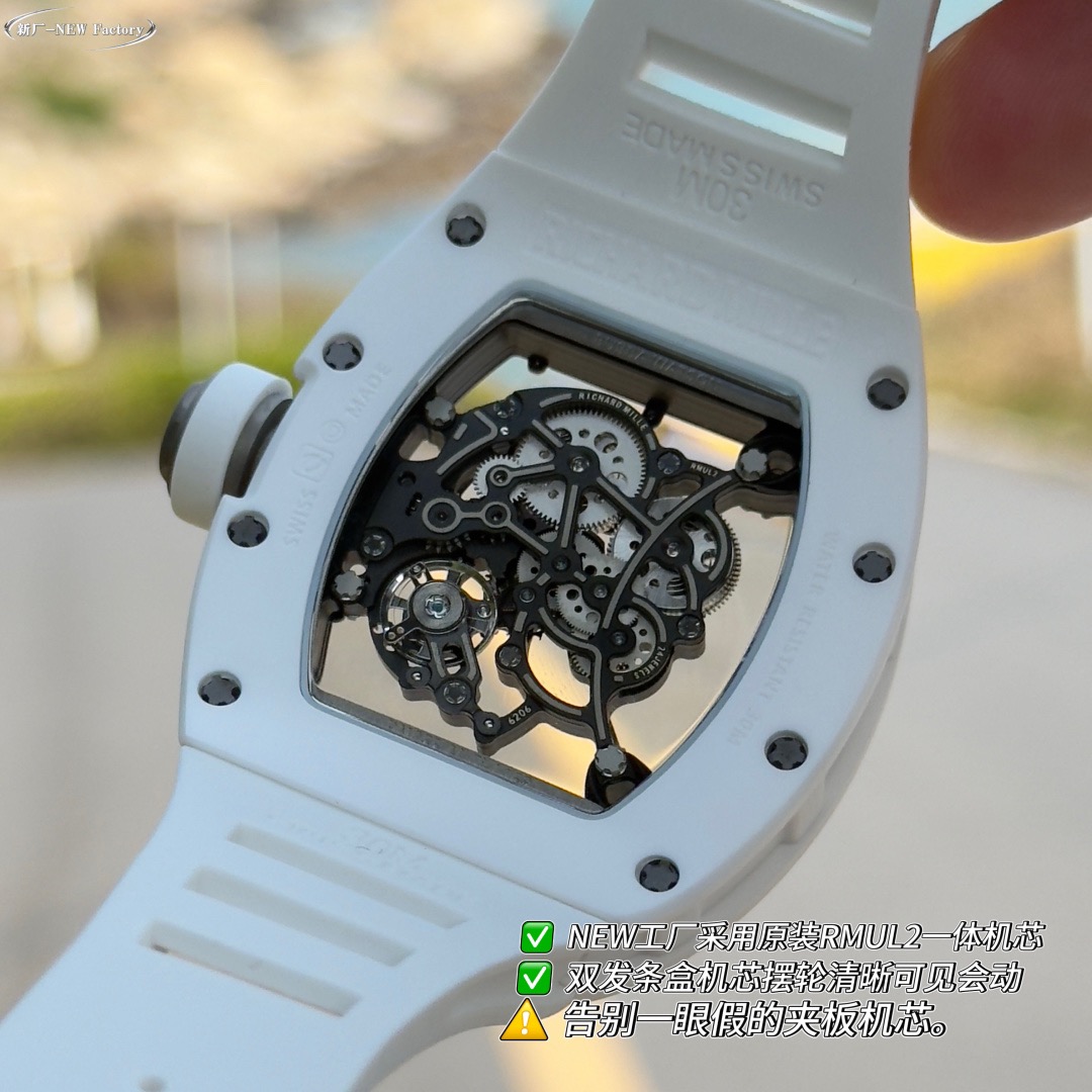 New Factory (NF) Richard Mille RM055 Replica V5 – White Ceramic with Real Jewels