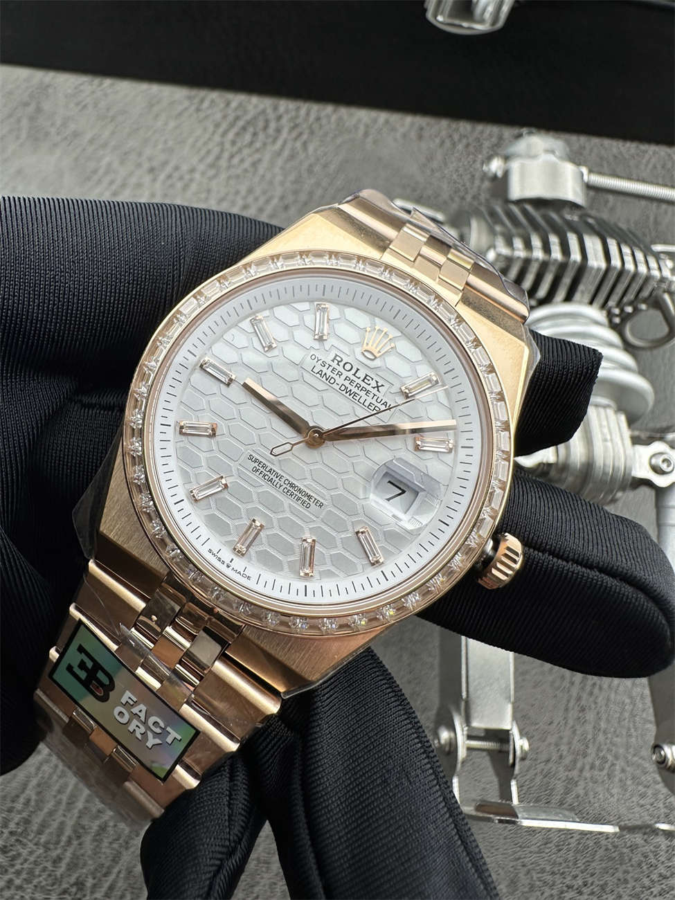 3B Factory Rolex 127385TBR 0003 Replica – Rose Gold Diamond Bezel Honeycomb Dial