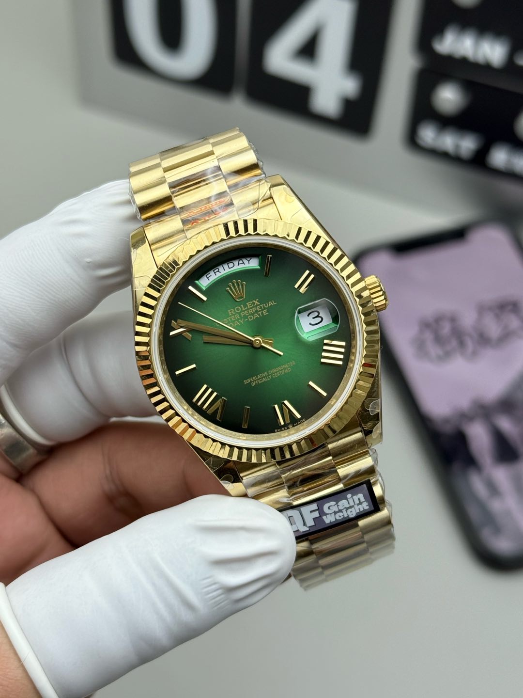 Rolex Day Date Green QF Factory 184g Replica – Full-Weight Black/Green Dial