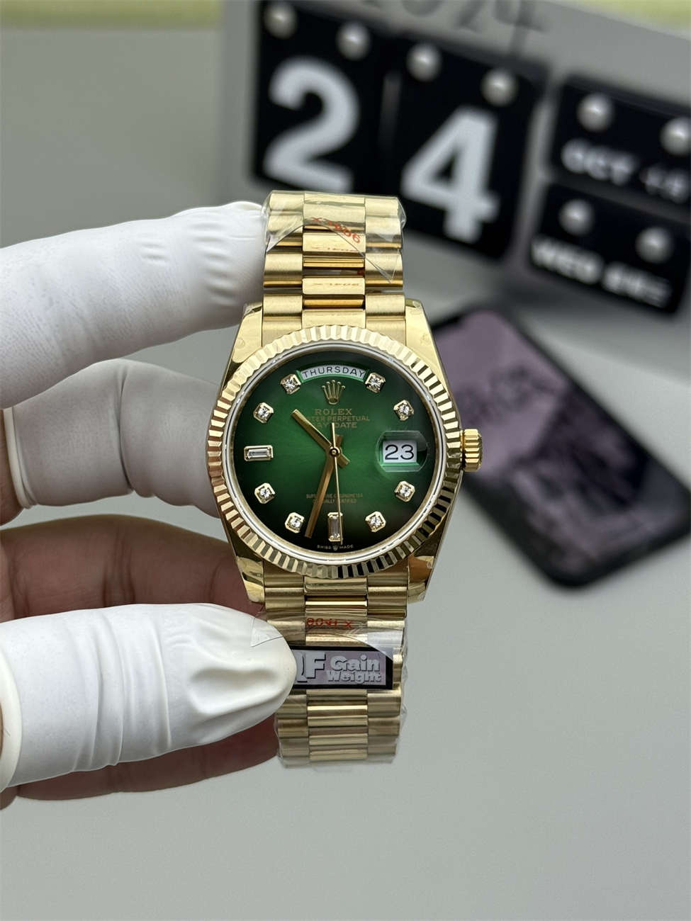 Rolex President 36mm Replica (QF Factory) – 158g Tungsten Green Ombré Diamond